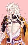  armor blush breath come_hither fang hair_tubes igote japanese_armor japanese_clothes kogitsunemaru long_hair looking_at_viewer male_focus messy_hair nipples open_mouth pink_background shoulder_armor simple_background smile sode solo touken_ranbu white_hair yano_(404878) 