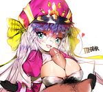  artist_name bow breasts cum facial gloves hair_bow hat hetero jpeg_artifacts large_breasts long_hair long_sleeves original paizuri peaked_cap penis pubic_hair puffy_long_sleeves puffy_sleeves resized silver_hair solo_focus tekaru upper_body upscaled white_background 