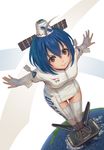  &gt;:) american_flag badge bangs blue_hair boots breasts bridal_gauntlets brown_eyes character_name closed_mouth clothes_writing dress earth from_above giantess grid_fins hair_between_eyes headgear highres looking_at_viewer medium_breasts original outstretched_arms personification pinakes short_hair smile solar_panel solo spacex spacex_falcon_9 standing thigh_gap thighhighs v-shaped_eyebrows white_dress white_legwear 