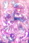  bad_id bad_pixiv_id blue_dress breasts bug butterfly cherry_blossoms closed_eyes dress glowing_butterfly hat highres insect juliet_sleeves large_breasts long_sleeves maru_daizu_(aqua6233) mob_cap petals pink_hair puffy_sleeves saigyouji_yuyuko sash smile solo touhou triangular_headpiece veil wide_sleeves 