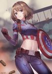  breasts brown_hair bullet captain_america captain_america_(cosplay) cartridge cosplay crop_top fingerless_gloves gloves green_eyes heterochromia idolmaster idolmaster_cinderella_girls looking_at_viewer marvel medium_breasts meto31 midriff mole mole_under_eye navel onsen_symbol purple_eyes shield short_hair smile solo takagaki_kaede 