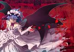 adapted_costume alternate_costume alternate_headwear bare_shoulders bat_wings blood choker dress elbow_gloves evil_grin evil_smile flower gloves grin hairband katoryu_gotoku lavender_hair lolita_hairband long_dress looking_at_viewer petals pink_dress pink_gloves red_background red_eyes remilia_scarlet ribbon ribbon_choker rose short_hair smile solo torn_clothes torn_dress touhou wings 