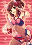  animal_ears arm_ribbon arm_warmers bell bell_collar bow brown_hair cat_ears cat_tail collar fang garter_straps green_eyes hair_bow heart heart_tail highres idolmaster idolmaster_cinderella_girls idolmaster_cinderella_girls_starlight_stage maekawa_miku obybuss paw_pose ribbon short_hair short_ponytail solo tail tail_bell tail_bow thighhighs 