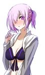  bangs bikini blush breasts cleavage fate/grand_order fate_(series) hair_over_one_eye himo jacket large_breasts looking_at_viewer mash_kyrielight navel open_mouth purple_eyes purple_hair short_hair simple_background solo swimsuit white_background 