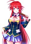  :q ahoge alternate_costume arkfield armband blue_eyes blush breasts cleavage cosplay fan folding_fan high_school_dxd holding holding_fan kurokami_medaka kurokami_medaka_(cosplay) large_breasts long_hair long_sleeves looking_at_viewer medaka_box pleated_skirt red_hair rias_gremory school_uniform skirt skirt_hold solo tongue tongue_out very_long_hair 