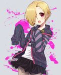  bags_under_eyes blonde_hair blush ear_piercing earrings hair_over_one_eye hood hood_down hoodie idolmaster idolmaster_cinderella_girls jewelry looking_at_viewer miniskirt open_mouth piercing pins print_hoodie red_eyes shirasaka_koume shiroyagi_(yupuppi) short_hair skirt sleeves_past_fingers sleeves_past_wrists smile solo striped_sleeves 