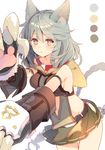  animal_ears argyle_cutout armlet bad_id bad_pixiv_id bangs belt blush braid breasts center_opening claw_(weapon) collar color_guide cowboy_shot elbow_gloves erune eyebrows eyebrows_visible_through_hair gloves granblue_fantasy hair_between_eyes hood long_hair looking_at_viewer looking_to_the_side mayachi_(amuriya) medium_breasts midriff miniskirt open_mouth orange_eyes outstretched_arms paw_gloves paws pleated_skirt sen_(granblue_fantasy) sideboob silver_hair single_braid skirt sleeveless solo sweatdrop thighs weapon 