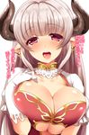  alicia_(granblue_fantasy) breast_squeeze breasts choker cleavage draph earrings gloves granblue_fantasy hand_on_own_chest horns huge_breasts jewelry long_hair looking_at_viewer neon_ui open_mouth pointy_ears red_eyes silver_hair smile solo translation_request underboob underboob_cutout upper_body white_gloves 