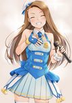  ^_^ beret blue_gloves brown_hair closed_eyes cowboy_shot detached_collar fingerless_gloves gloves grin hairband hand_on_own_chest hat idolmaster idolmaster_(classic) idolmaster_platinum_stars long_hair microphone minase_iori miri_(ago550421) pleated_skirt skirt smile solo thighhighs twinkle_star_(idolmaster) 