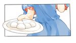  bad_id bad_twitter_id blue_dress blue_hair dress food fourth_wall giving head_out_of_frame long_hair misha_(hoongju) mochi plate seiran_(touhou) solo touhou 