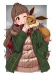  ;d absurdres antenna_hair bangs blunt_bangs blush brown_hair coat commentary_request creatures_(company) crossover eevee eyebrows_visible_through_hair game_freak gen_1_pokemon green_coat grey_background grey_sweater grin hair_bun hand_in_pocket head_tilt highres idolmaster idolmaster_cinderella_girls kamiya_nao kent0320 long_hair long_sleeves nintendo one_eye_closed open_clothes open_coat open_mouth petting pokemon pokemon_(creature) pokemon_(game) pokemon_lgpe purple_eyes red_eyes red_scarf ribbed_sweater scarf sleeves_past_wrists smile sweater tareme teeth thick_eyebrows upper_body 