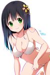  all_fours artist_name bare_arms bare_legs bare_shoulders barefoot bikini black_hair blue_hair blush boshuu-chan breasts cleavage collarbone dated gradient_hair green_eyes hair_ornament hairpin long_hair looking_at_viewer medium_breasts midriff multicolored_hair navel original ragho_no_erika ribbon signature simple_background smile solo star stomach swimsuit tareme white_background white_bikini white_ribbon 