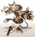  animal_ears arm_strap bare_shoulders belt boots breasts bukurote center_opening claw_(weapon) erune fang flipped_hair full_body gloves gradient gradient_background granblue_fantasy hip_vent hood knee_boots long_hair looking_at_viewer miniskirt open_mouth outstretched_arm paw_gloves paws red_eyes sen_(granblue_fantasy) shadow silver_hair skirt small_breasts solo thighs weapon 