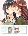  3; bangs black_eyes black_hair blunt_bangs blush blush_stickers braid brown_eyes brown_hair cheek_licking collarbone eating face_licking food ice_cream kantai_collection kitakami_(kantai_collection) kotatsu_(kotatsu358) licking long_hair looking_at_another multiple_girls one_eye_closed ooi_(kantai_collection) profile school_uniform single_braid smile sparkle twitter_username yuri 