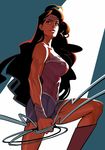  black_hair blue_eyes boots bracelet circlet dc_comics highres jewelry knee_boots lasso lee_dajung light_smile long_hair looking_afar muscle muscular_female simple_background smile solo wonder_woman 