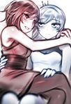  blush breasts cleavage earrings eye_contact facial_scar highres jewelry looking_at_another medium_breasts multiple_girls ndgd pantyhose ruby_rose rwby scar sitting sitting_on_lap sitting_on_person smile weiss_schnee yuri 