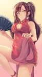  bare_shoulders breasts brown_hair china_dress chinese_clothes cleavage cleavage_cutout dress dress_lift earrings eyeliner fan folding_fan hair_ornament jewelry large_breasts leg_up long_hair makeup nail_polish nakaichi_(ridil) original pelvic_curtain red_dress red_nails solo twintails yellow_eyes 