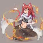  abs animal_ears bandaged_arm bandages belt boots cape cat_ears cat_tail chain fire full_body long_hair orange_eyes original red_hair ryota_tentei solo tail 