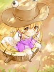  blonde_hair brown_eyes dress foreshortening from_above hat long_hair looking_up misha_(hoongju) moriya_suwako outdoors pyonta shoes sitting solo thighhighs touhou tree_stump white_legwear 