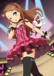  blown_kiss brown_eyes brown_hair hairband highres idolmaster idolmaster_(classic) idolmaster_2 long_hair minase_iori one_eye_closed ookami_maito solo stuffed_animal stuffed_bunny stuffed_toy thighhighs 