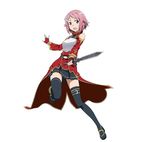  black_legwear black_skirt breastplate cosplay dagger fingerless_gloves full_body gloves hair_ornament highres holding holding_weapon lisbeth looking_at_viewer official_art open_mouth pink_eyes pink_hair pleated_skirt red_gloves short_hair silica silica_(cosplay) simple_background skirt smile solo sword_art_online sword_art_online:_code_register thighhighs weapon white_background zettai_ryouiki 