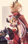  1girl aliza_(granblue_fantasy) back-to-back blonde_hair breasts draph dress erune fukai_ryousuke granblue_fantasy hair_pulled_back horns large_breasts long_hair pointy_ears ponytail red_dress red_eyes silver_hair size_difference stan_(grandblue_fantasy) 