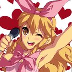  ;d arm_up blonde_hair blush bow breasts brown_eyes calamity_jane dress drill_hair enoo hair_ribbon hairband heart heart_background holding holding_microphone long_hair lowres medium_breasts microphone oekaki one_eye_closed open_mouth pink_bow pink_ribbon ribbon sidelocks sleeveless smile solo upper_body wild_arms wild_arms_1 