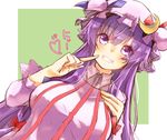  bad_id bad_twitter_id blue_ribbon breasts crescent crescent_hair_ornament dress finger_to_face frilled_sleeves frills hair_ornament hair_ribbon hat hat_ribbon large_breasts long_hair mob_cap pajamas patchouli_knowledge purple_eyes purple_hair red_ribbon ribbon sketch smile solo striped striped_dress teeth touhou varyu 