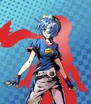  belt blue_eyes blue_hair breasts fingerless_gloves gloves goggles goggles_on_head hair_over_one_eye may_lee pants shirt short_hair silhouette small_breasts solo t-shirt tengai_gyouja the_king_of_fighters yin_yang 