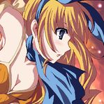  blonde_hair blue_eyes blue_neckwear bow breasts calamity_jane detached_sleeves dress drill_hair enoo error hair_ribbon hairband long_hair lowres medium_breasts oekaki open_mouth orange_dress profile ribbon sidelocks solo wild_arms wild_arms_1 