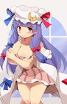  blush breasts capelet cleavage collarbone crescent dress hair_ribbon hat highres large_breasts long_hair looking_at_viewer mob_cap mukuroi patchouli_knowledge purple_hair red_eyes ribbon short_dress solo striped striped_dress touhou tress_ribbon 