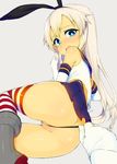 admiral_(kantai_collection) ass bad_id bad_pixiv_id bare_shoulders black_panties blonde_hair blue_eyes boots elbow_gloves gloves hair_ribbon kantai_collection long_hair lying on_side open_mouth panties panty_pull pleated_skirt ribbon shimakaze_(kantai_collection) shiny shiny_skin skirt solo_focus striped striped_legwear tear_tear0320 thighhighs underwear white_gloves 