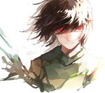  brown_hair chara_(undertale) expressionless red_eyes shirt simple_background solo spoilers striped striped_shirt tsugutoku undertale upper_body white_background 