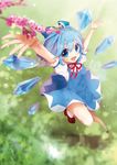  :d ahoge arms_up bangs black_hair blue_bow blue_dress blue_eyes blue_hair blurry bow brown_footwear cirno depth_of_field dress eyebrows eyebrows_visible_through_hair fang flower foreshortening frilled_sleeves frills from_above full_body grass hair_between_eyes hair_bow highres ice ice_wings looking_at_viewer natsuki_(ukiwakudasai) neck_ribbon open_mouth outdoors palms pinafore_dress plant red_ribbon ribbon shade shirt shoes short_hair short_sleeves smile socks solo touhou white_legwear white_shirt wings 
