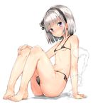  arm_support bangs barefoot bikini black_ribbon blue_eyes blunt_bangs blush breasts cameltoe full_body hair_ribbon halter_top halterneck hitodama knees_up konpaku_youmu konpaku_youmu_(ghost) looking_at_viewer micro_bikini ribbon short_hair side-tie_bikini sidelocks silver_hair sitting small_breasts solo swimsuit touhou yukizumi_remon 