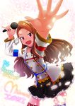  :d arms_up brown_hair character_name choker foreshortening hairband happy_birthday idolmaster idolmaster_(classic) long_hair microphone minase_iori momoda_yasuhito open_mouth outstretched_arm outstretched_hand pinky_out purple_eyes skirt smile solo starpiece_memories sweat thighhighs 