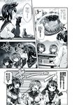  &gt;_&lt; akizuki_(kantai_collection) bar bodysuit bow braid breasts closed_eyes comic covering_ears cup food gloves greyscale hair_bow hair_flaps hair_ornament hatsuzuki_(kantai_collection) headband highres houshou_(kantai_collection) japanese_clothes kantai_collection kappougi kimono long_hair medium_breasts monochrome multiple_girls necktie open_mouth ponytail pout school_uniform serafuku shaded_face short_hair shouting smile standing surprised teacup teruzuki_(kantai_collection) tokkuri translation_request twin_braids yuzu_momo 