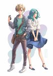  bishoujo_senshi_sailor_moon blonde_hair blue_eyes blue_shirt blue_skirt cellphone flower full_body green_hair hair_flower hair_ornament hand_in_pocket highres jacket kaiou_michiru kotikomori multiple_girls open_clothes open_jacket pants phone shirt short_hair skirt standing ten'ou_haruka very_short_hair white_background white_shirt 