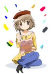  apron beret brown_eyes brown_hair hair_ornament hat hidamari_sketch highres kinfuji palette short_hair sitting smile solo x_hair_ornament yokozuwari yuno 