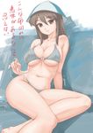  arm_support bikini blush breasts brown_eyes brown_hair cleavage girls_und_panzer hat large_breasts long_hair looking_at_viewer mika_(girls_und_panzer) navel o-ring o-ring_bikini o-ring_bottom o-ring_top rasukaru side-tie_bikini smile solo strap_gap striped striped_bikini swimsuit translation_request untied 