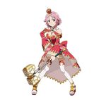  alternate_costume breasts cleavage crown detached_sleeves full_body hair_ornament hammer hand_on_hip highres holding holding_weapon lisbeth looking_at_viewer medium_breasts mini_crown official_art pink_eyes pink_hair red_eyes short_hair simple_background smile solo sword_art_online sword_art_online:_code_register thighhighs weapon white_background white_legwear 