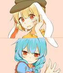  animal_ears bad_id bad_twitter_id blonde_hair blue_hair bunny_ears close-up face_slap_mark floppy_ears long_hair misha_(hoongju) multiple_girls open_mouth red_eyes ringo_(touhou) seiran_(touhou) short_hair slap_mark slapping sweatdrop tearing_up tears touhou wavy_mouth 