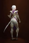  armor armored_boots artstation_sample ass bangku_an boots contrapposto cowter elf from_behind full_body image_sample pointy_ears solo standing sword vambraces weapon white_hair 