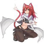  abs animal_ears bandaged_arm bandages belt boots cape cat_ears cat_tail chain full_body long_hair orange_eyes original red_hair ryota_tentei simple_background solo tail white_background 