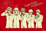  akiyama_hayato formal fuyumi_jun group_name high_x_joker idolmaster idolmaster_side-m iseya_shiki jpeg_artifacts lowres male_focus monochrome multiple_boys parody red_background sakaki_natsuki suit sweatband tokio_(music) u_(uirou_k) wakazato_haruna 