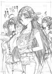  /\/\/\ 4girls :d absurdres ahoge alternate_hair_length alternate_hairstyle bangs breasts candy casual collarbone contemporary cowboy_shot eating eyebrows_visible_through_hair food glasses greyscale haruna_(kantai_collection) headgear hiei_(kantai_collection) highres kantai_collection kirishima_(kantai_collection) kojima_takeshi kongou_(kantai_collection) lollipop long_hair medium_breasts miniskirt monochrome multiple_girls open_mouth overalls pants shirt short_sleeves skirt smile solo_focus striped striped_shirt sweat traditional_media translation_request turn_pale v-shaped_eyebrows very_long_hair wristband 