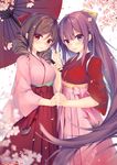  brown_hair cherry_blossoms drill_hair from_side hakama harukaze_(kantai_collection) highres holding_hands japanese_clothes kamikaze_(kantai_collection) kantai_collection kimono long_hair md5_mismatch meiji_schoolgirl_uniform multiple_girls obiwan oriental_umbrella pink_hakama purple_hair red_hakama tasuki twin_drills umbrella 