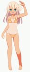  9law :d bikini blonde_hair breasts character_name copyright_request full_body green_eyes long_hair navel one-piece_tan one_side_up open_mouth small_breasts smile solo standing striped striped_bikini swimsuit tan tanline 
