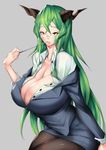  breasts cleavage green_hair grey_background horns huge_breasts ion_(cation) long_hair pantyhose pointer red_eyes simple_background solo very_long_hair 