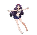  ahoge armpits barefoot bikini bikini_skirt breasts cleavage collarbone frilled_bikini frills full_body hairband highres long_hair looking_at_viewer navel official_art open_mouth outstretched_arms purple_hair red_eyes red_ribbon ribbon simple_background small_breasts smile solo spread_arms striped striped_bikini swimsuit sword_art_online sword_art_online:_code_register white_background yuuki_(sao) 